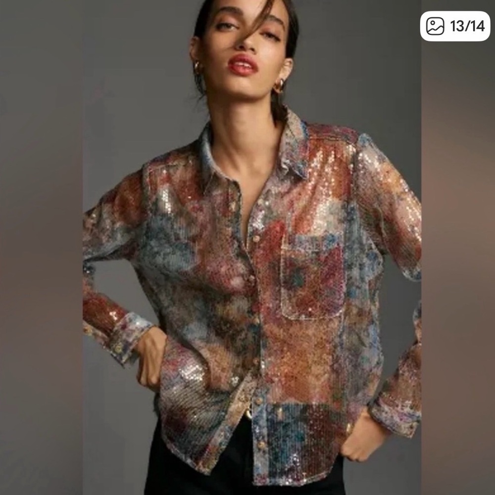 Pilcro Anthropologie sheer sequined button front shirt - size MP